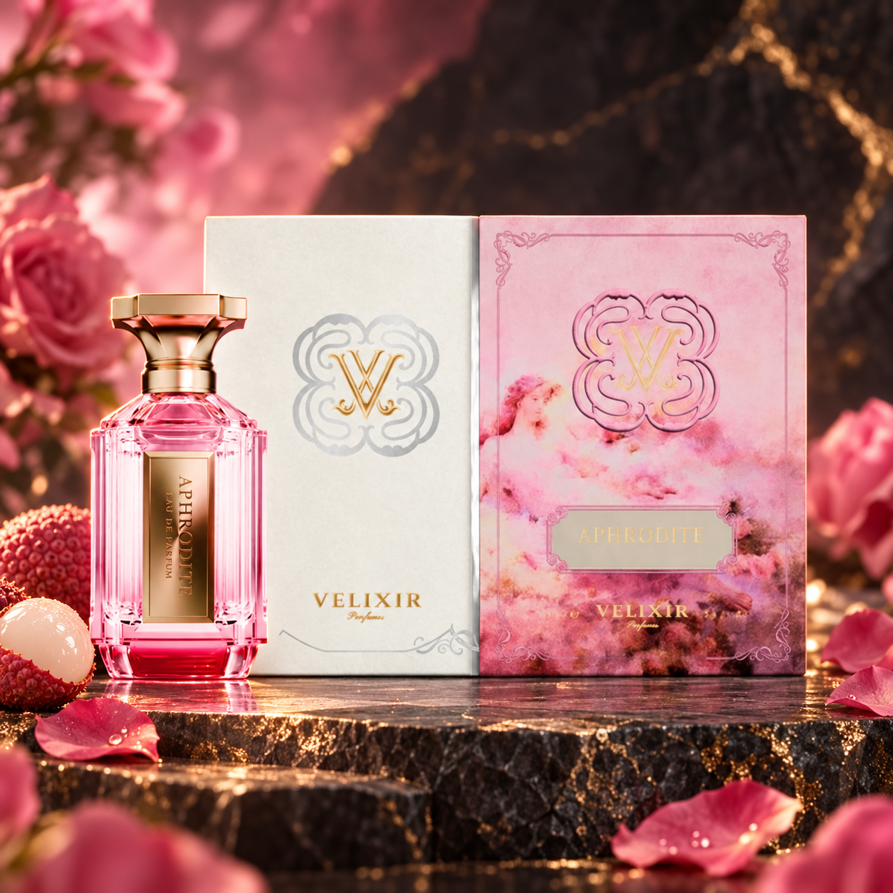 Aphrodite — Velixir — frasco e caixa, imagem editorial