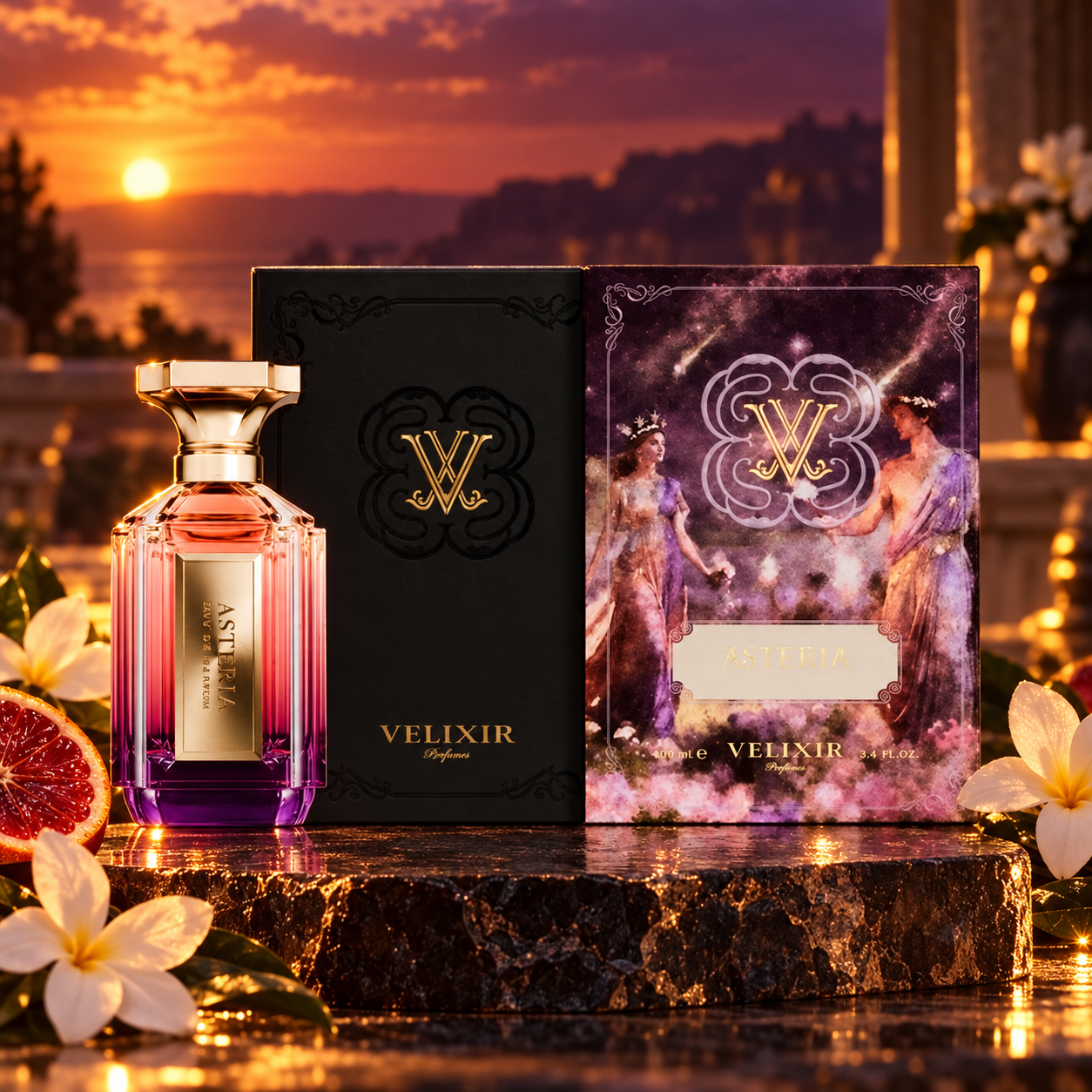 Asteria — Velixir — frasco e caixa, imagem editorial