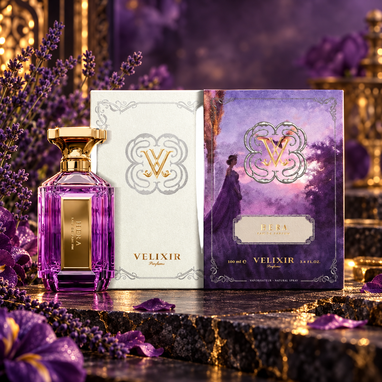Hera — Velixir — frasco e caixa, imagem editorial