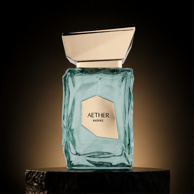 Aether Extrait — French Avenue em cenário editorial premium preto e dourado