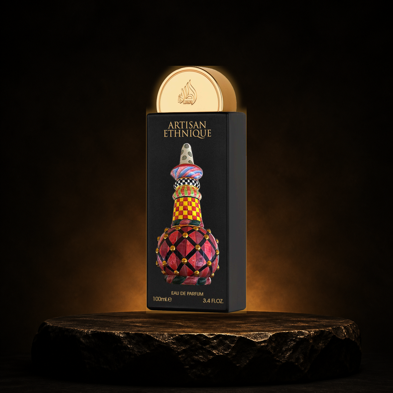 Artisan Ethnique — Lattafa em cenário editorial premium preto e dourado