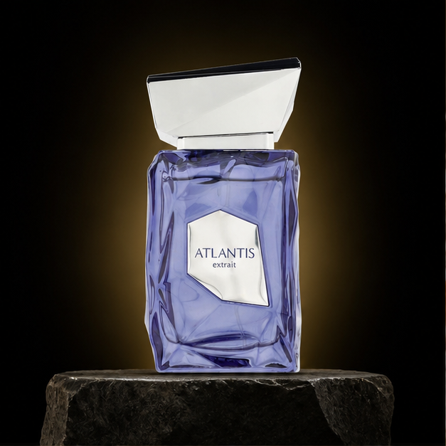 Atlantis Extrait — French Avenue em cenário editorial premium preto e dourado