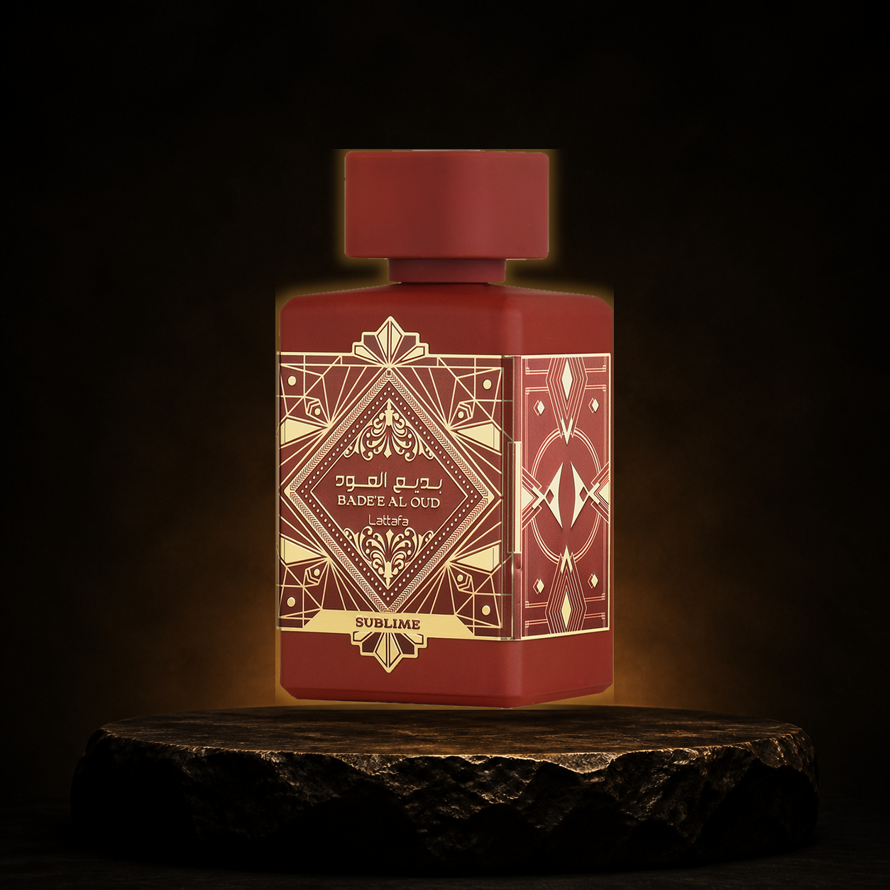 Bade'e Al Oud Noble Sublime — Lattafa em cenário editorial premium preto e dourado