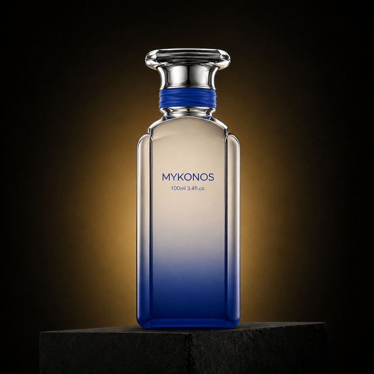 California Blue — Mykonos em cenário editorial premium preto e dourado