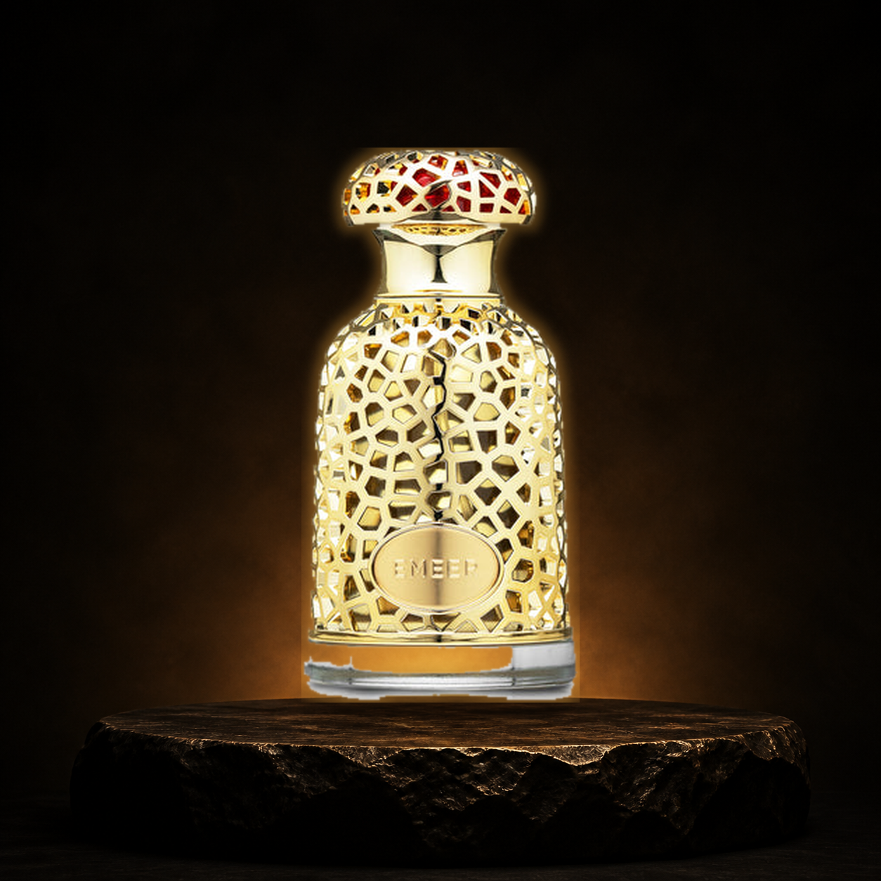 Emeer — Lattafa em cenário editorial premium preto e dourado