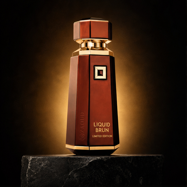 Liquid Brun Limited Edition — French Avenue em cenário editorial premium preto e dourado