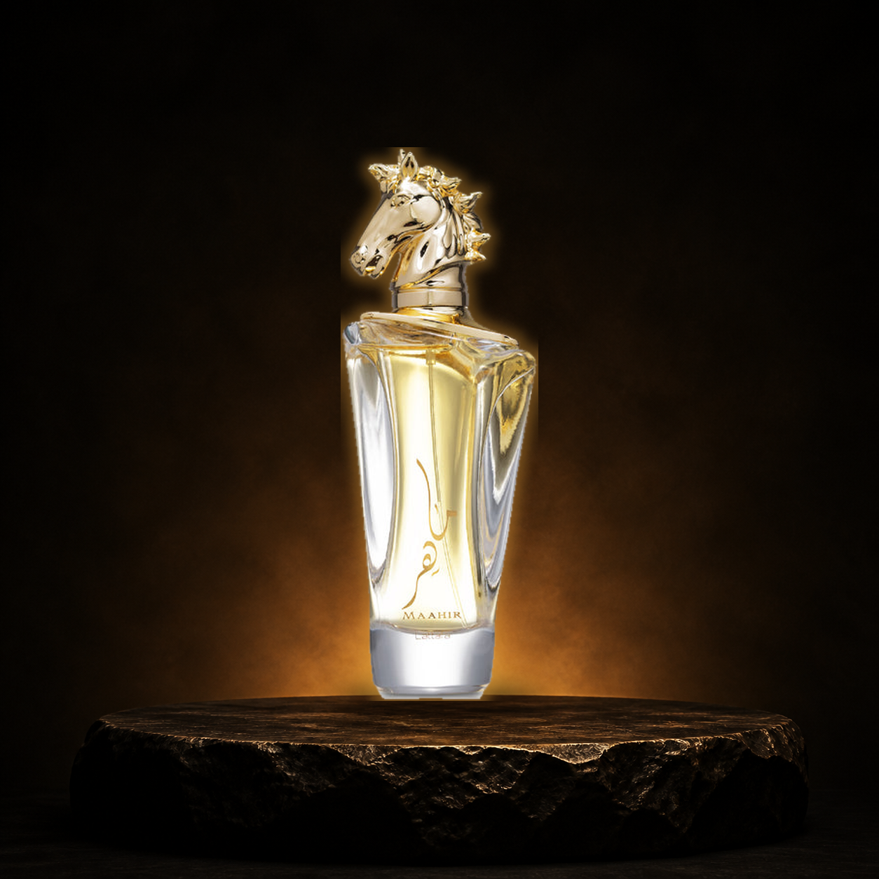 Maahir — Lattafa em cenário editorial premium preto e dourado