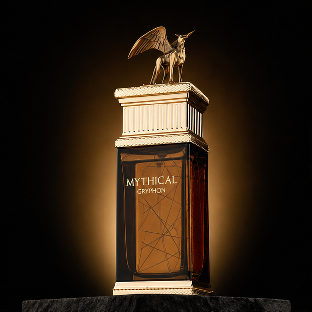 Mythical Gryphon — French Avenue em cenário editorial premium preto e dourado