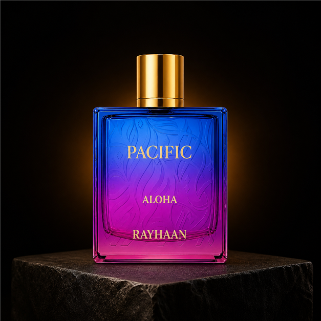 Pacific Aloha — Rayhaan em cenário editorial premium preto e dourado