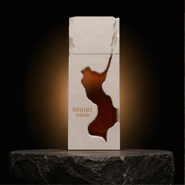 Ravine Ginger — French Avenue em cenário editorial premium preto e dourado
