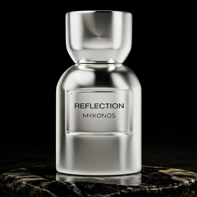 Reflection — Mykonos em cenário editorial premium preto e dourado