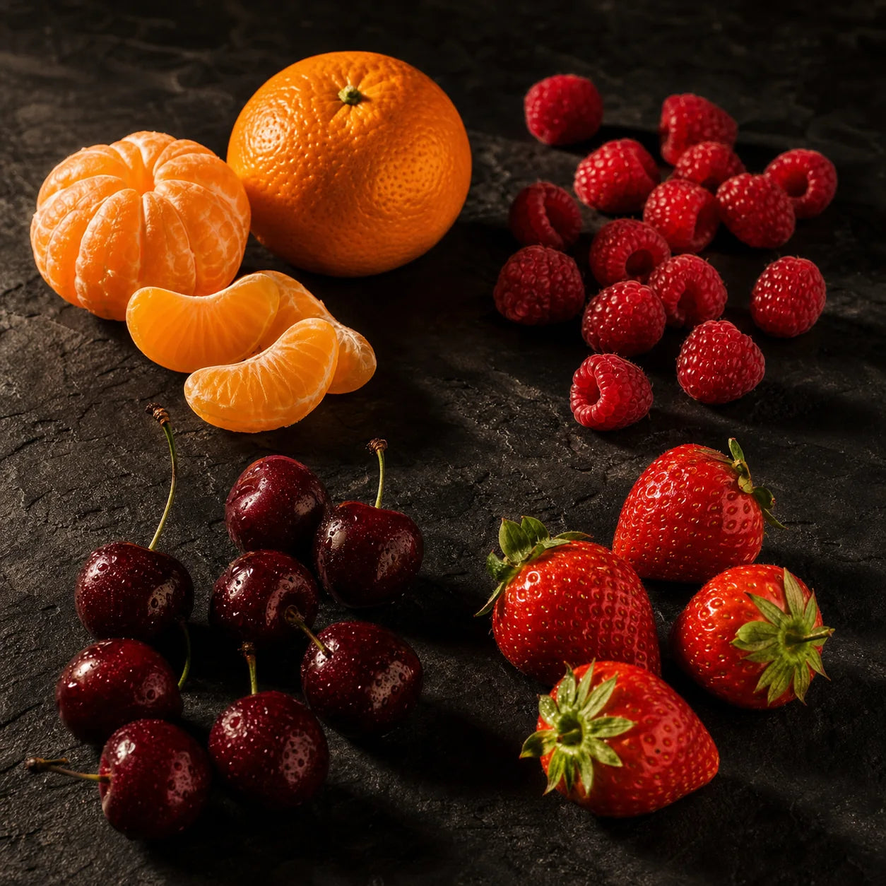 Mandarina, framboesa, cereja e morango, notas de saída de Ria