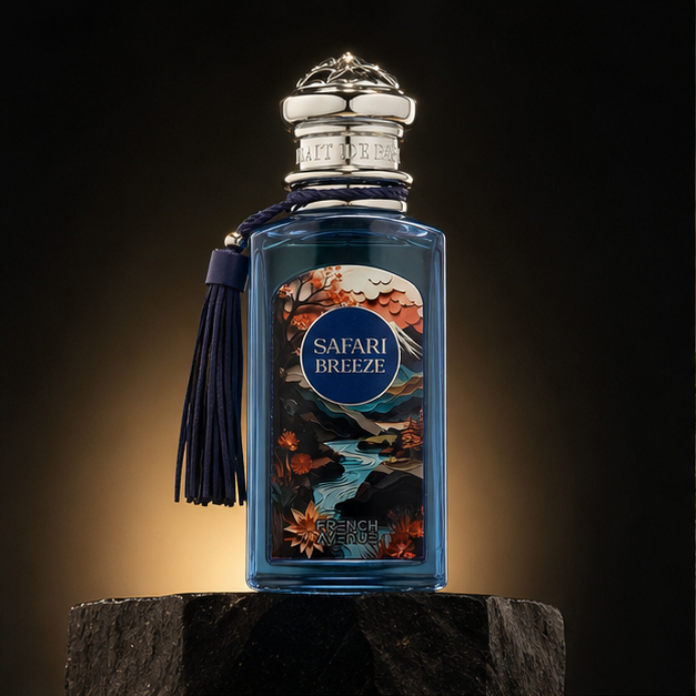 Safari Breeze — French Avenue em cenário editorial premium preto e dourado