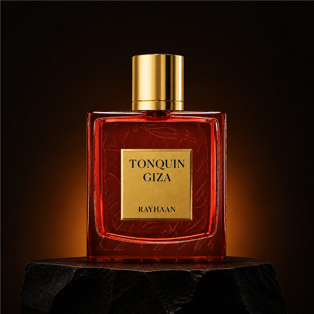 Tonquin Giza — Rayhaan em cenário editorial premium preto e dourado