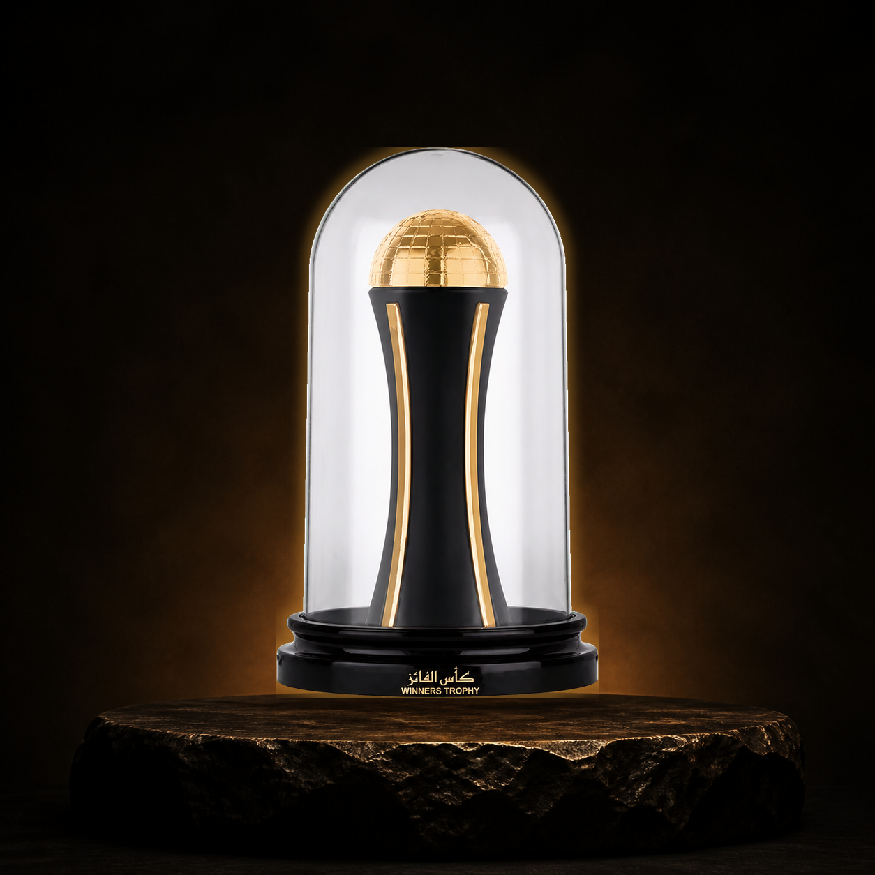 Winners Trophy — Lattafa em cenário editorial premium preto e dourado