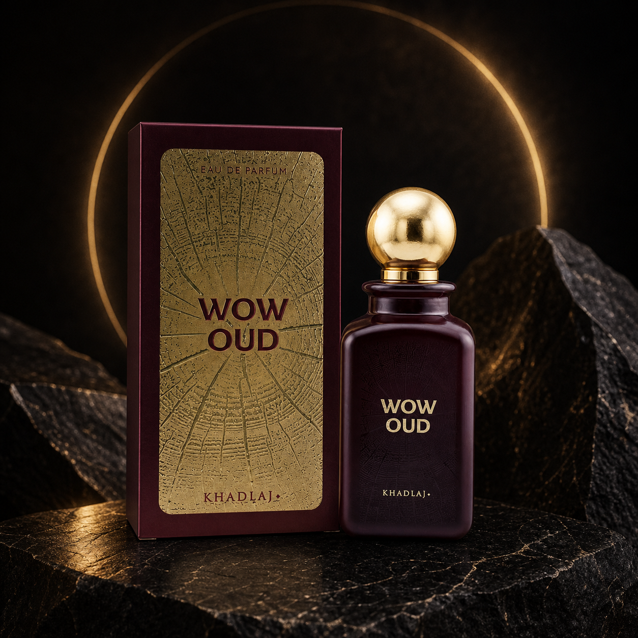 Wow Oud da Khadlaj em cenário editorial preto e dourado
