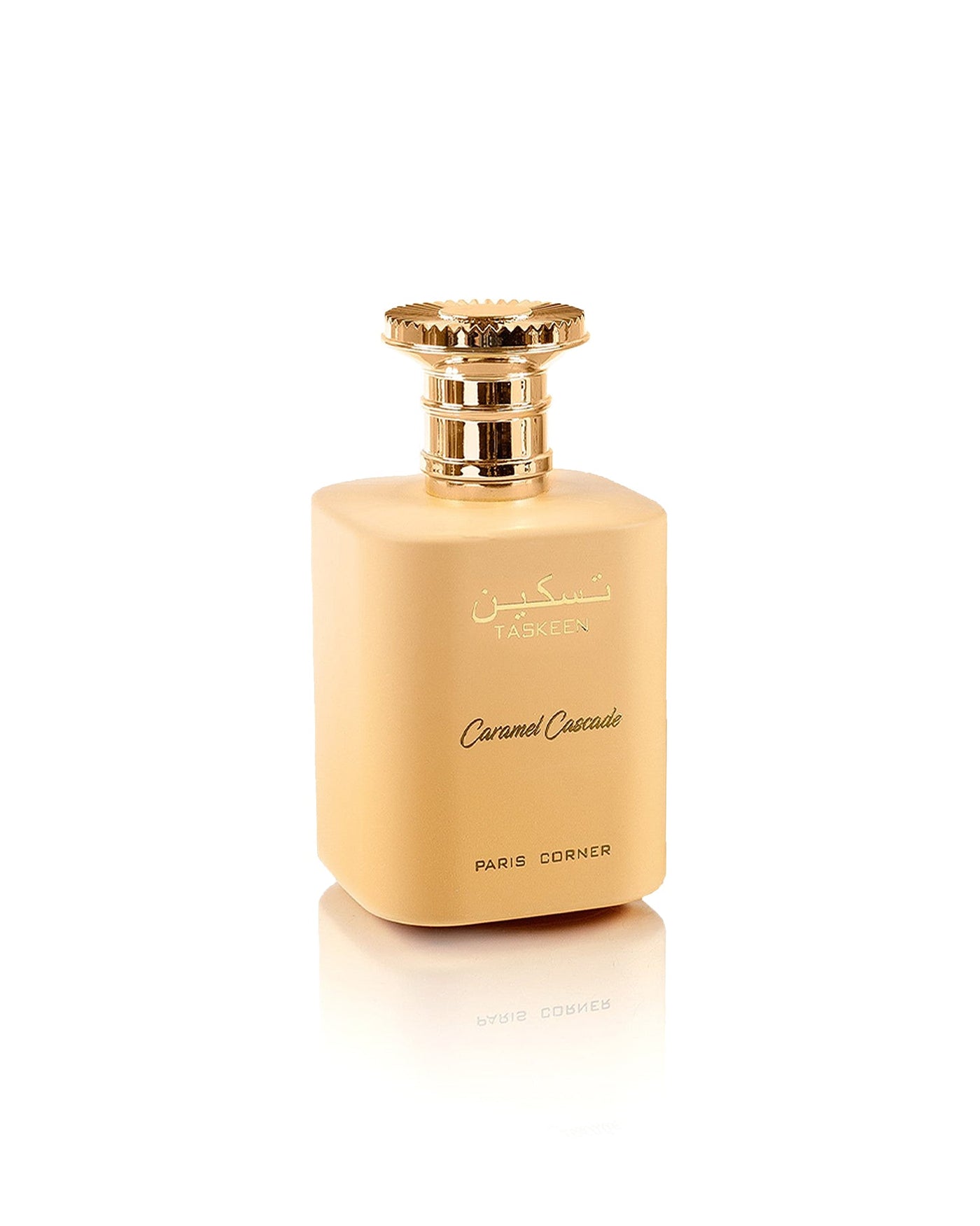 Taskeen Caramel Cascade — Paris Corner — frasco do perfume em fundo branco