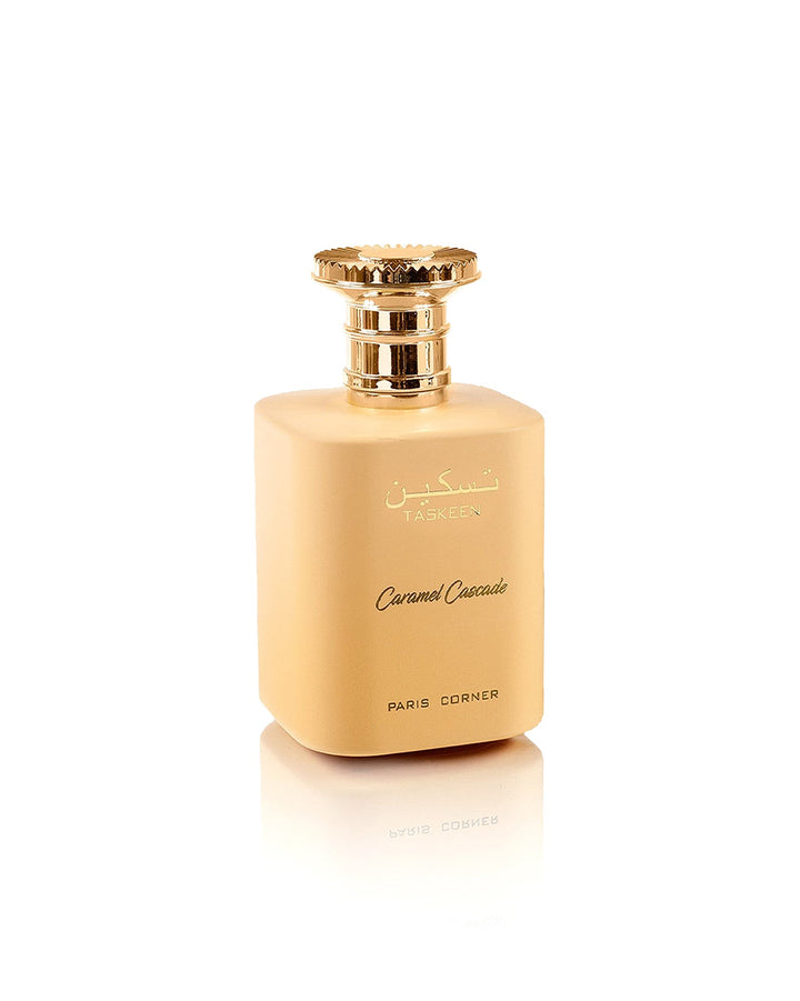 Taskeen Caramel Cascade — Paris Corner — frasco do perfume em fundo branco
