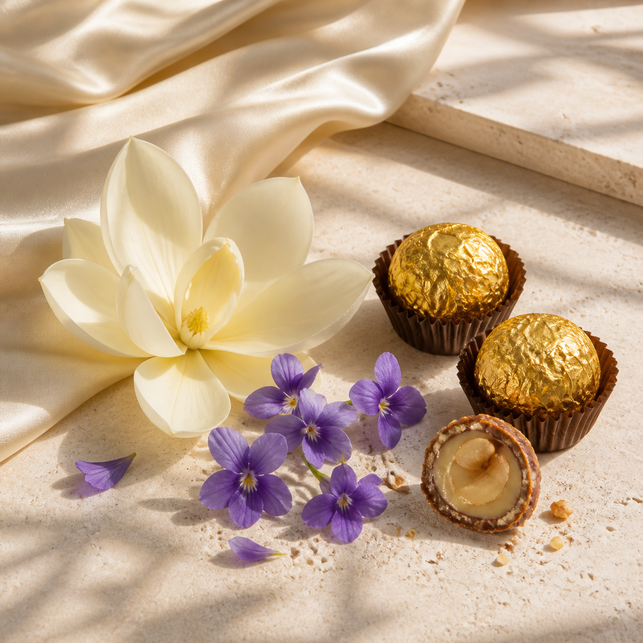 Praliné, magnólia e violeta, notas de coração de Karus Gold Absolu