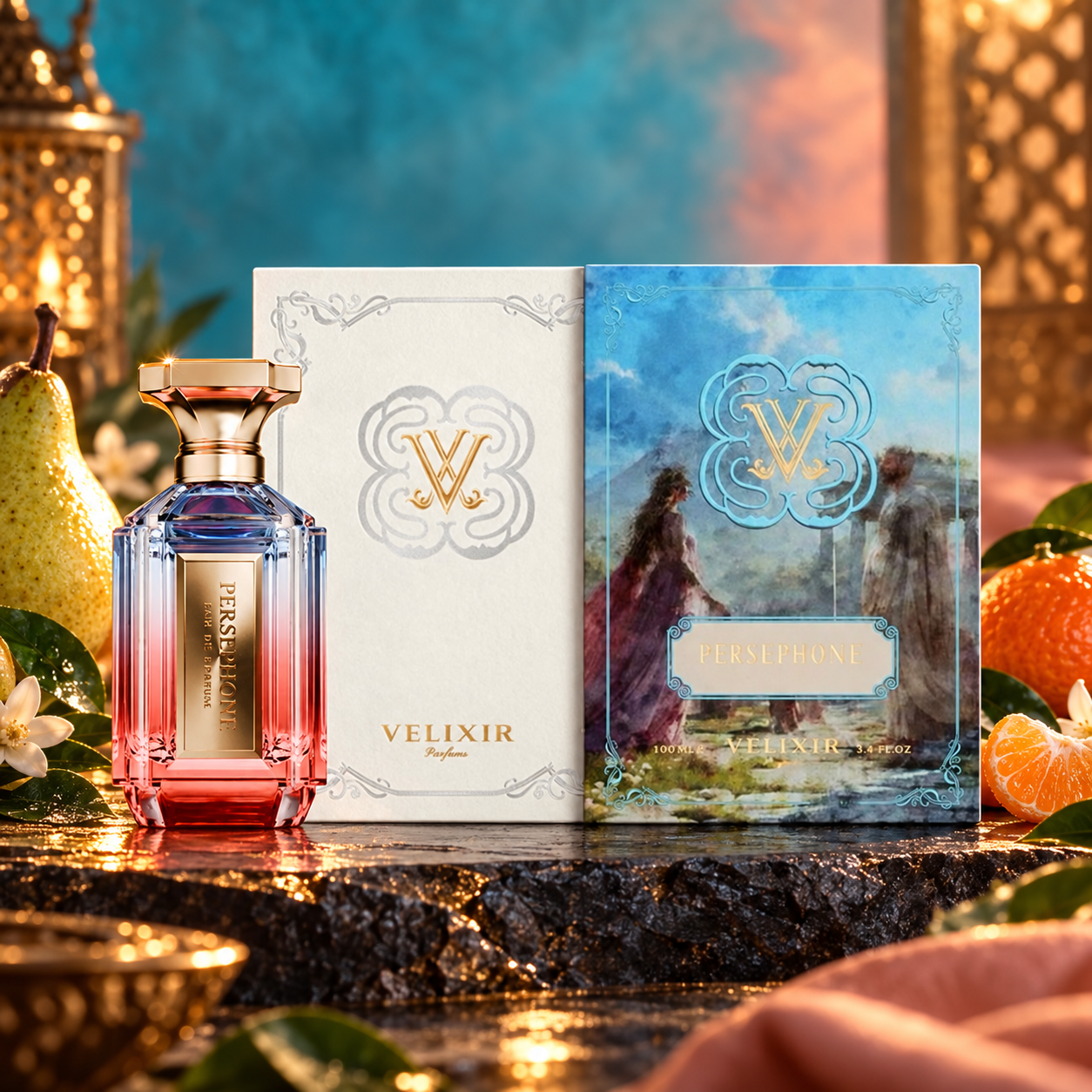 Persephone — Velixir — frasco e caixa, imagem editorial