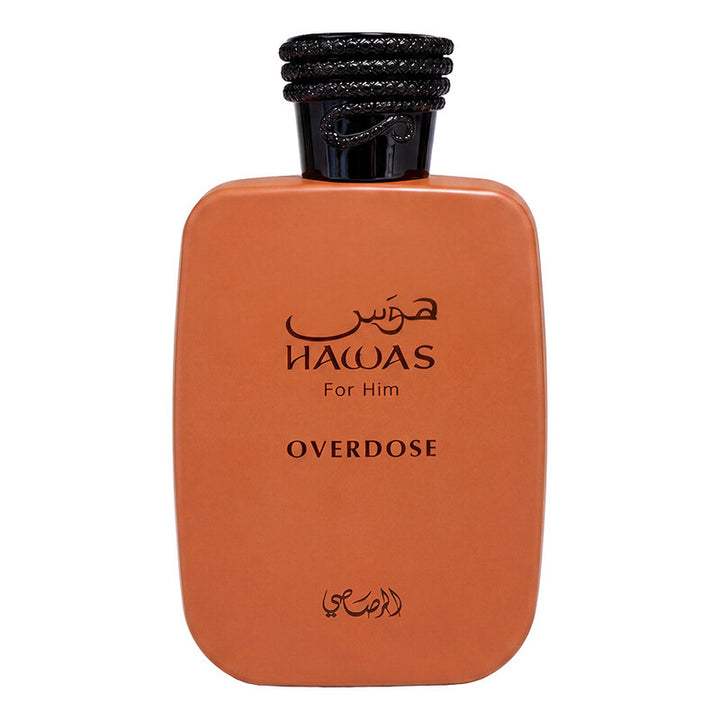 Hawas Overdose — Rasasi — frasco do perfume em fundo branco