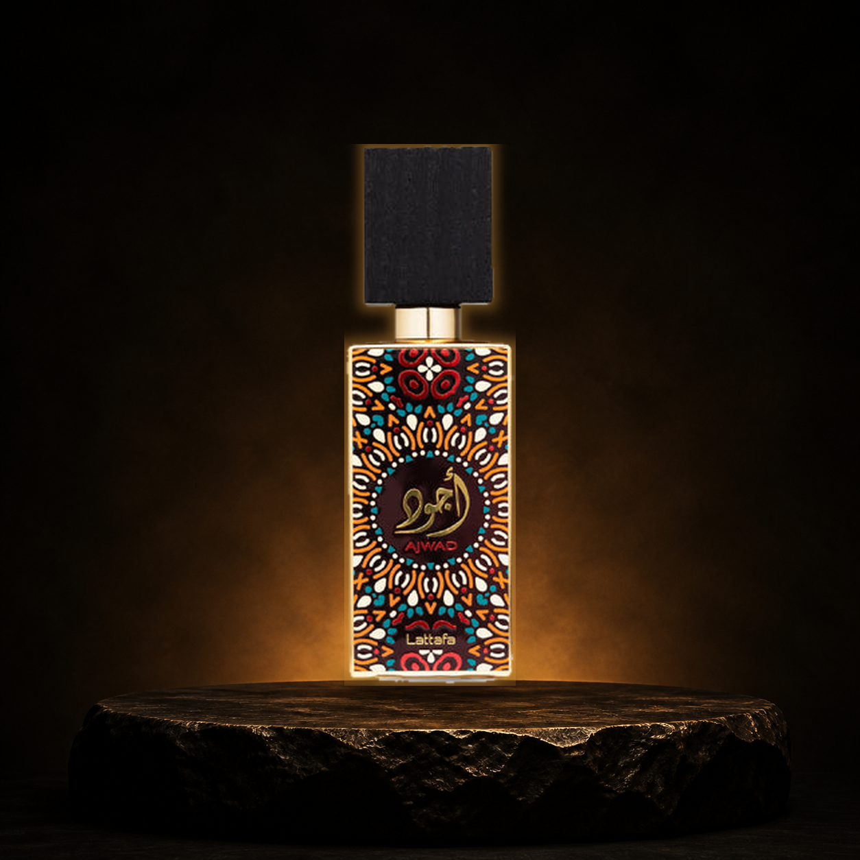 Ajwad — Lattafa em cenário editorial premium preto e dourado