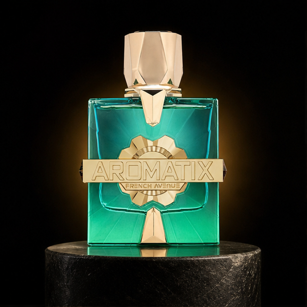 Aromatix Sun Kissed — French Avenue em cenário editorial premium preto e dourado