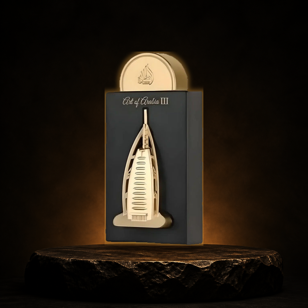 Art Of Arabia III — Lattafa em cenário editorial premium preto e dourado