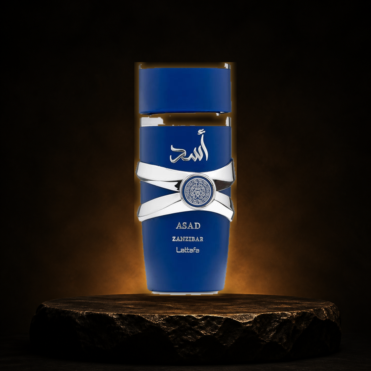 Asad Zanzibar — Lattafa em cenário editorial premium preto e dourado