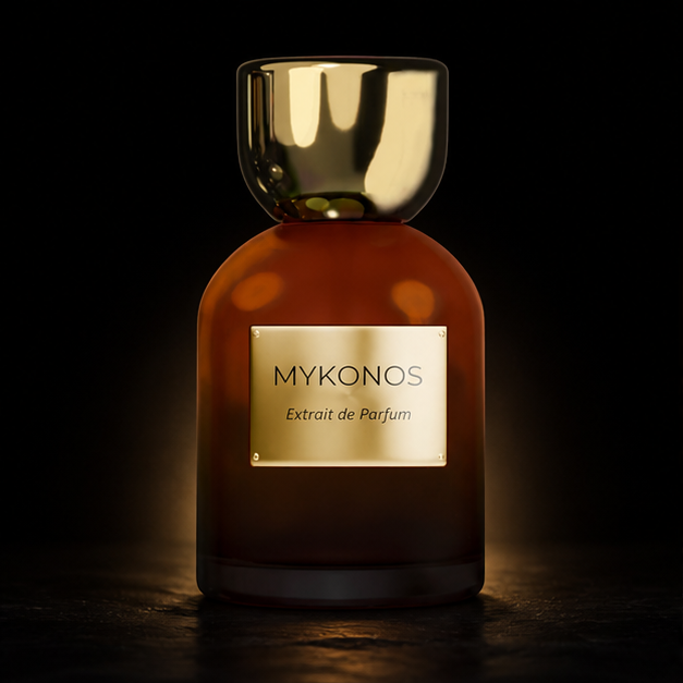 Bonfire Vanille — Mykonos em cenário editorial premium preto e dourado