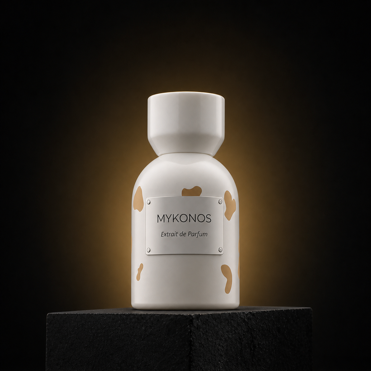 Café Drops — Mykonos em cenário editorial premium preto e dourado