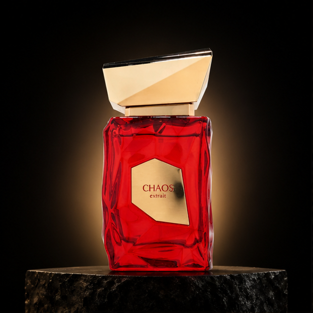 Chaos Extrait — French Avenue em cenário editorial premium preto e dourado