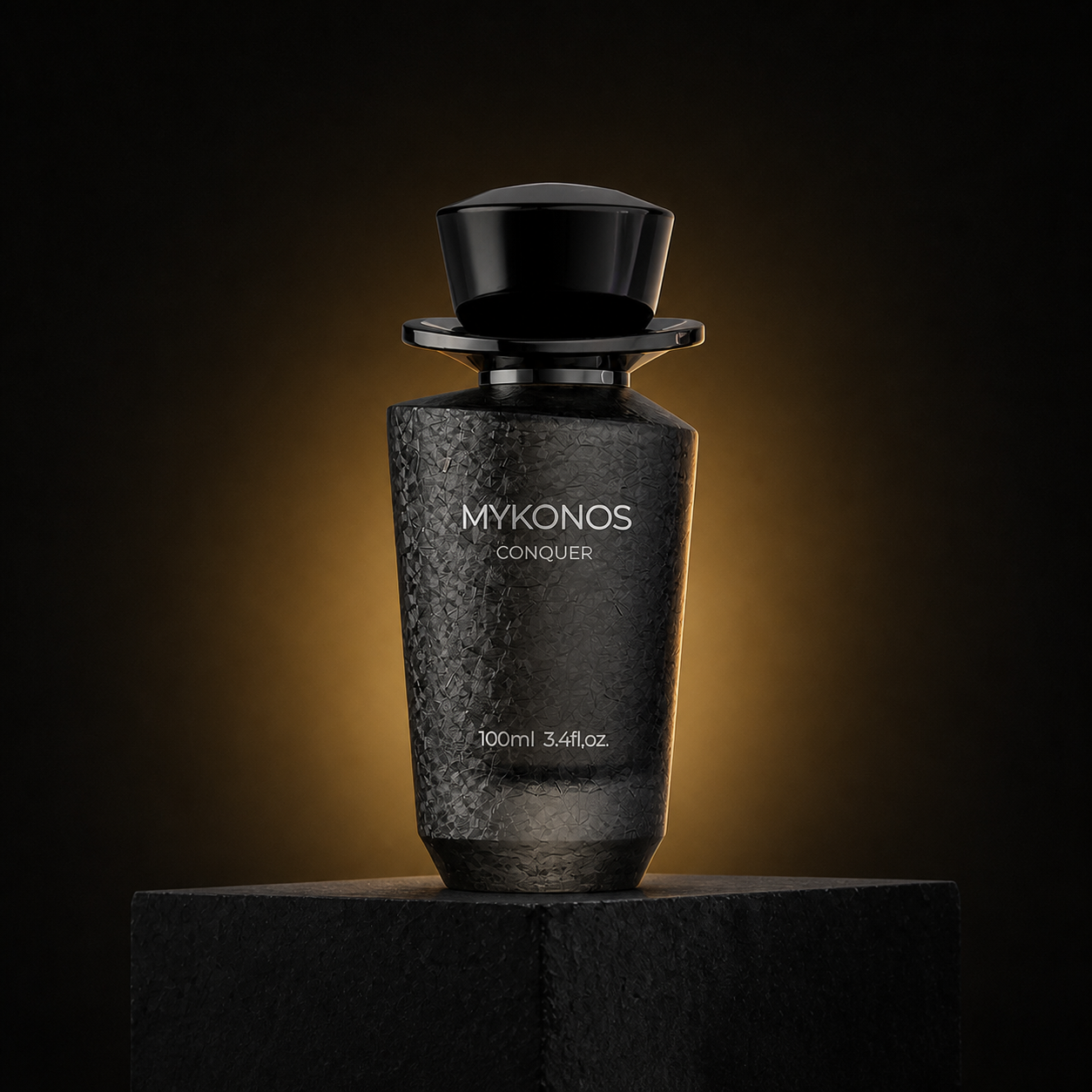 Conquer — Mykonos em cenário editorial premium preto e dourado