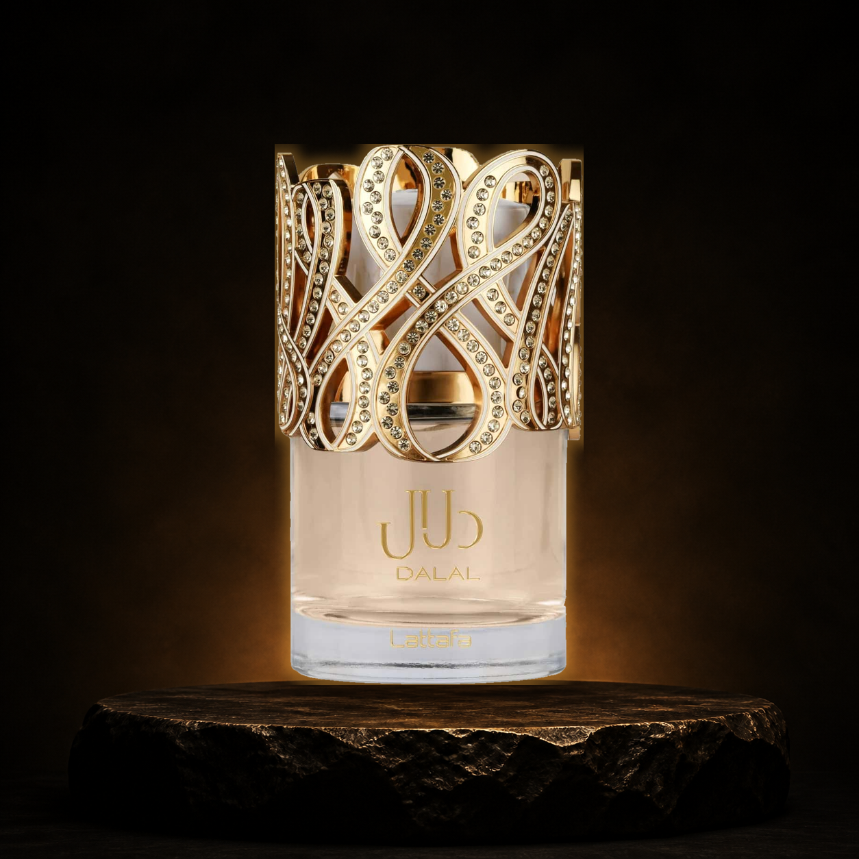 Dalal — Lattafa em cenário editorial premium preto e dourado