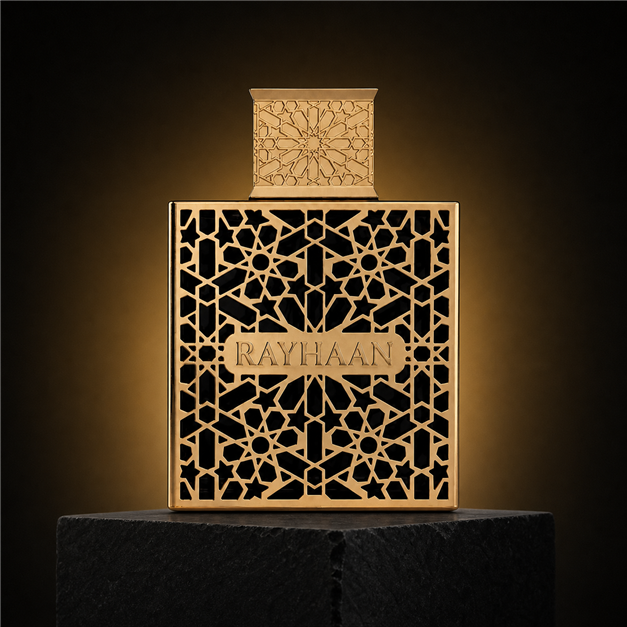 Elixir — Rayhaan em cenário editorial premium preto e dourado