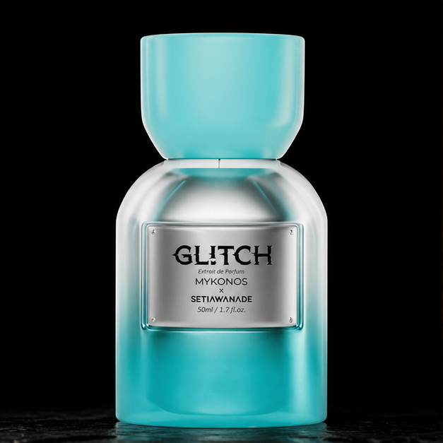 Glitch — Mykonos em cenário editorial premium preto e dourado