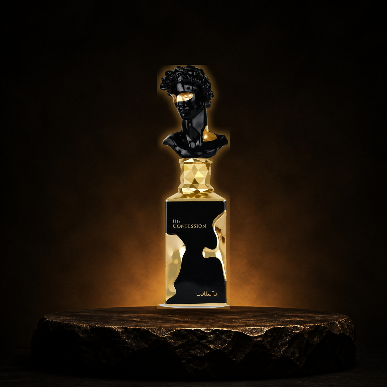 His Confession — Lattafa em cenário editorial premium preto e dourado