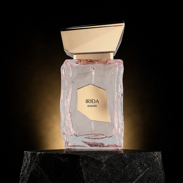 Irida Extrait — French Avenue em cenário editorial premium preto e dourado