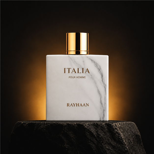 Italia — Rayhaan em cenário editorial premium preto e dourado