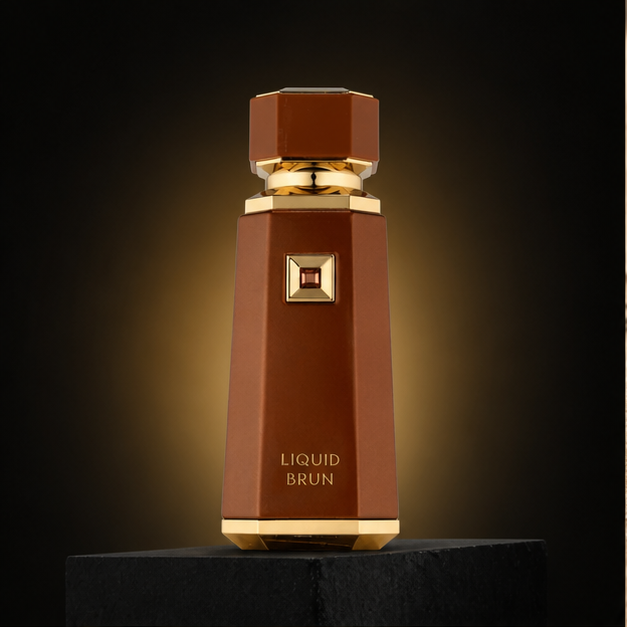 Liquid Brun — French Avenue em cenário editorial premium preto e dourado