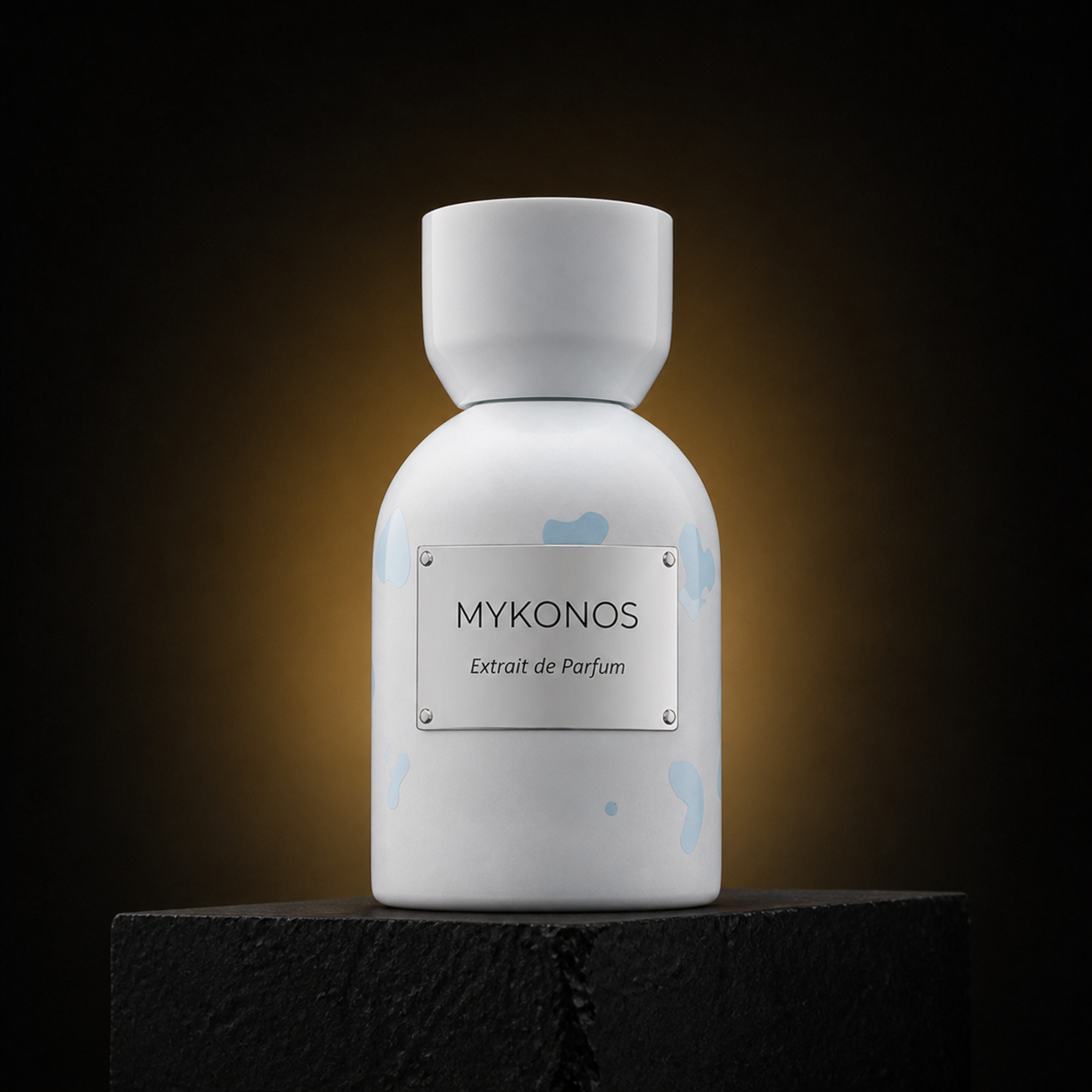 Milk Drops — Mykonos em cenário editorial premium preto e dourado