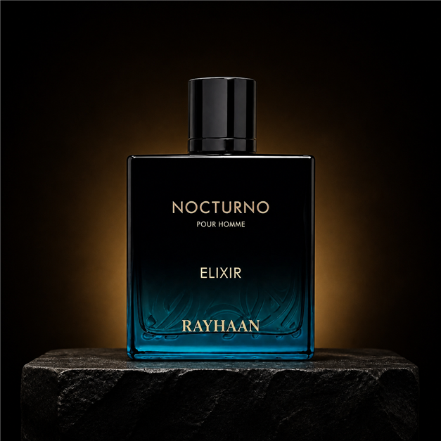 Nocturno Elixir — Rayhaan em cenário editorial premium preto e dourado