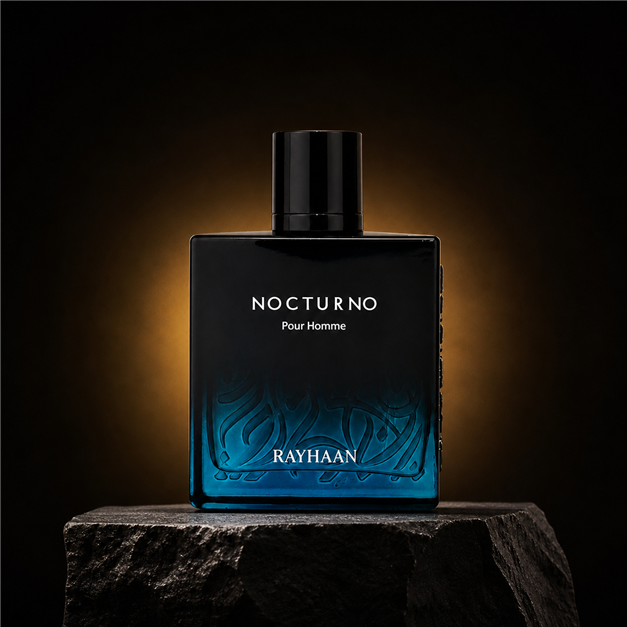 Nocturno — Rayhaan em cenário editorial premium preto e dourado