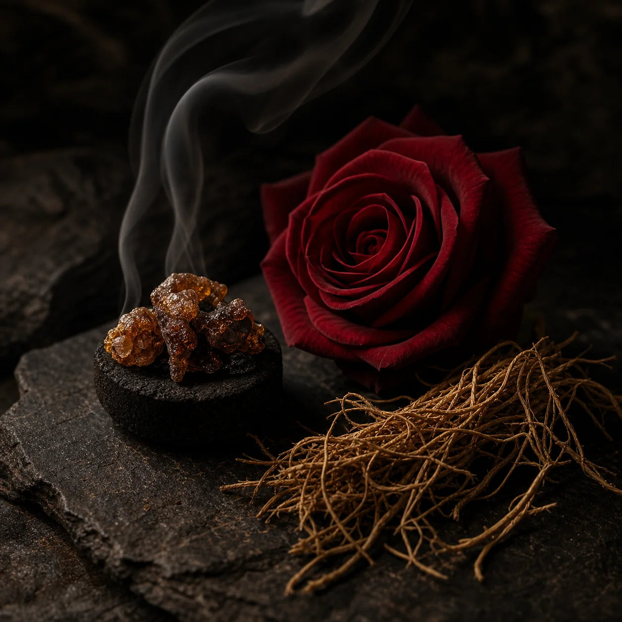 Incenso, rosa e cypriol, notas de coração de Oud Noir
