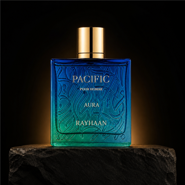 Pacific Aura — Rayhaan em cenário editorial premium preto e dourado