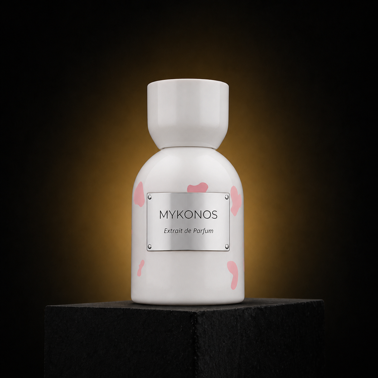 Pink Drops — Mykonos em cenário editorial premium preto e dourado