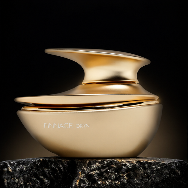 Pinnace Oryn — French Avenue em cenário editorial premium preto e dourado