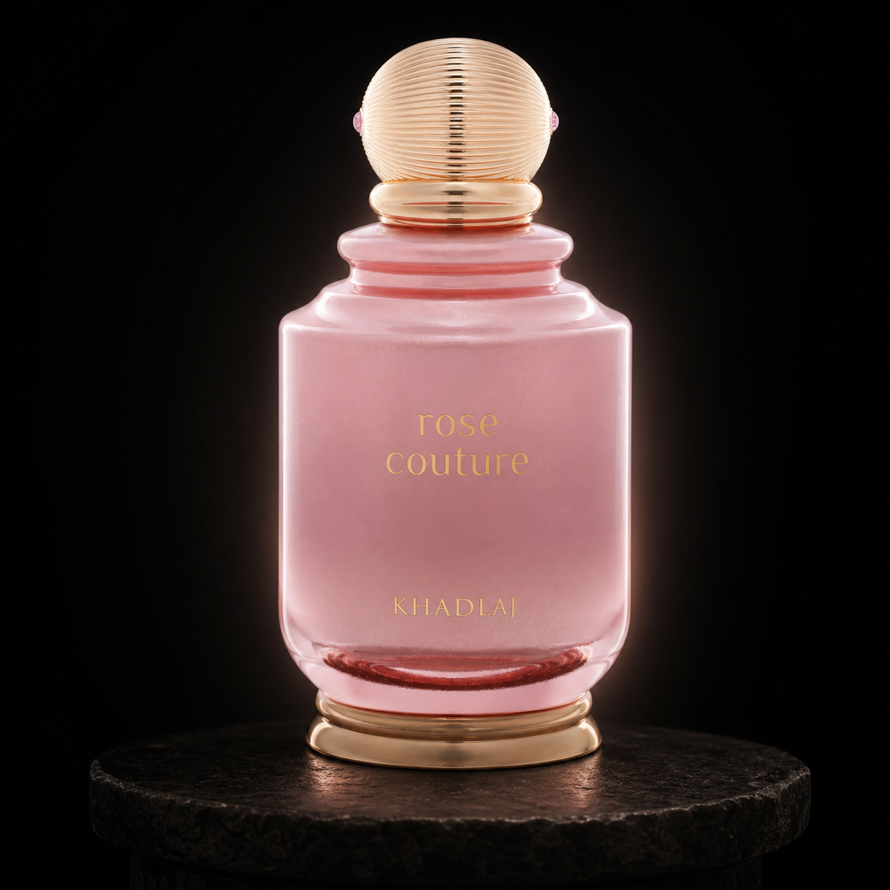 Rose Couture da Khadlaj em cenário editorial preto e dourado