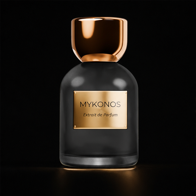 Senja — Mykonos em cenário editorial premium preto e dourado