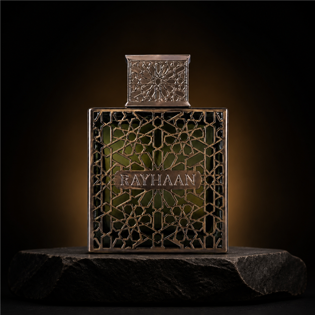 Terra — Rayhaan em cenário editorial premium preto e dourado